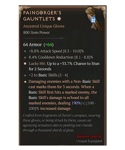 Diablo 4 S8 Paingorger's Gauntlets 1GA 190% Unique Gloves Item Equipment Gear