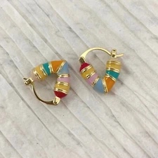 Multi Color Enamel Stripe Heart Gold Tone Huggie Hoop Earrings