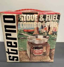 Vintage Sterno Stove & Fuel Combo Pak, Folding Camp Stove With 4 Fuel Cans