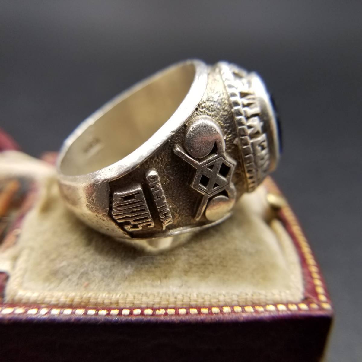 US Army Chemical Corps Signet Vintage 925 Silver Ring Blue
