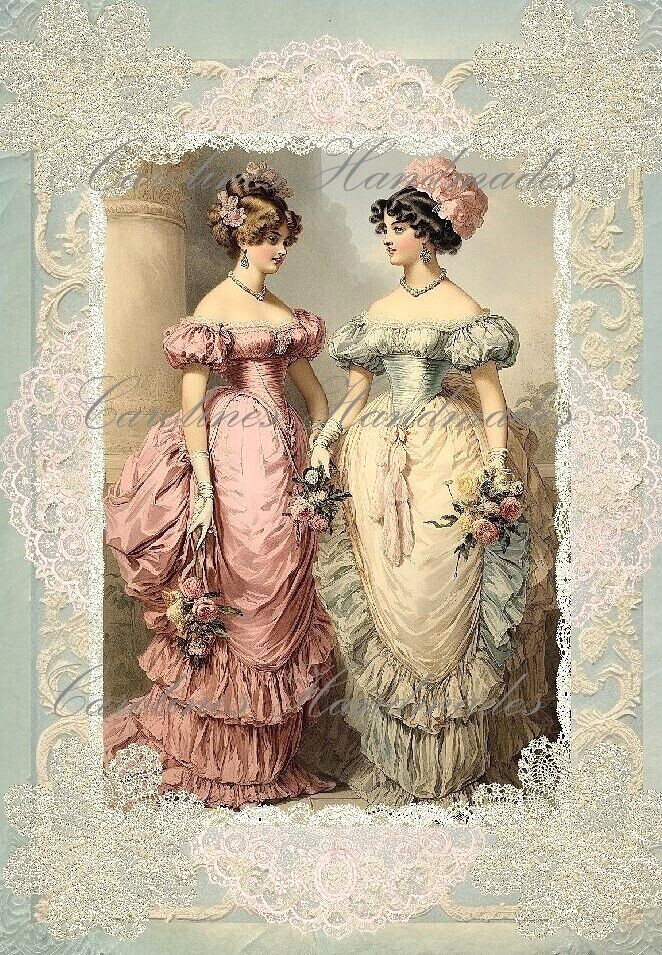 Victorian Ladies In Gowns & Lace Designer Cotton Fabric Quilt Block Multi-sizes