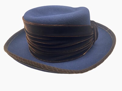 EUC Vintage Hat Attack Wool Hat Navy Blue w/ Brown Velvet Trim & Band Made USA