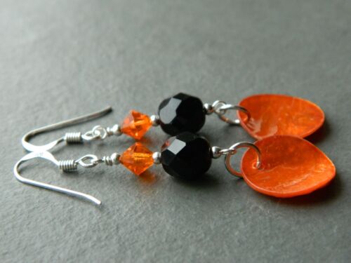 Metallic Orange MoP Shell Discs, French Jet, Crystal & Sterling Silver Earrings - Picture 13 of 14
