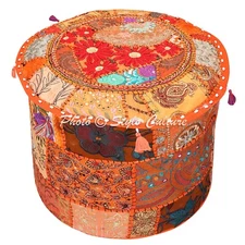 Indian Vintage Embroidered Patchwork Ottoman Pouf Orange Footstool Ethnic Decor