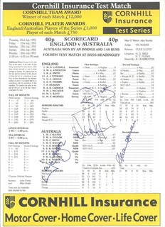 1993 ENGLAND v AUSTRALIA Headingley Scorecard Signed by Border & Others