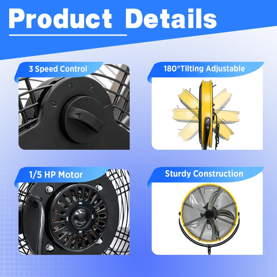 20-дюймовый высокопрочный пьедестальный вентилятор, высокоскоростной стоячий вентилятор 4200 куб. футов/мин, 3 скорости - Изображение 3 из 4