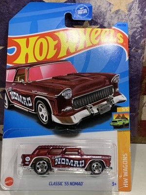HOT WHEELS CLASSIC 55 NOMAD. 2023 HW WAGONS. DARK RED/ NOMAD TAMPOS. ON CARD