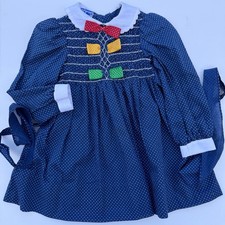 Vintage Polly Flinders Hand Smocked Girl's Dress Navy Blue White Dot Bows 4T