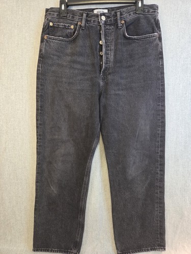 Agolde 90's Crop Jeans Womens 32x26 Black Washed Denim Button Fly Organic Cotton - 第 1/15 張圖片