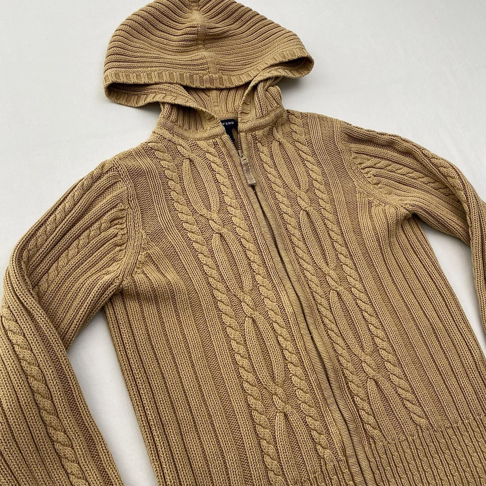 Suéter Lands' End Niñas Grande 14 Bronceado Con Capucha Cremallera Completa Cable Tejido Algodón Acanalado Foto 2 de 4