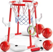 Pool Basketball Hoop, 2-In-1 Floating Pool Toys Ring Game with 4 Balls and Pump,