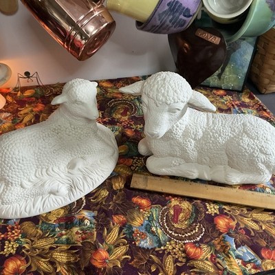 (2) Vintage Ready To Paint Scioto Ceramic Bisque Lamb Figure 1980s