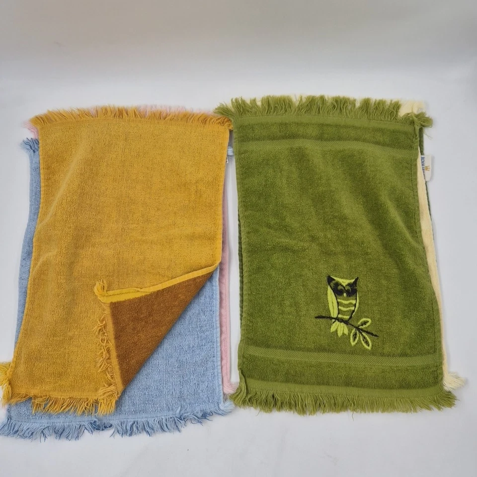 Винтажные полотенца для рук MCM авокадо зеленая сова бахрома горчичный желтый США середина века деко - Изображение 4 из 4