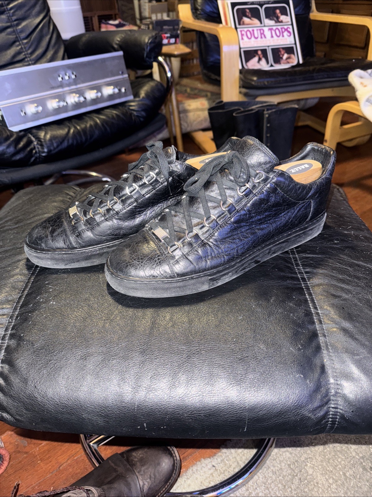 Men's Balenciaga Arena Black Leather Low Top Sneakers Shoes Lace Up EU 43 US 10