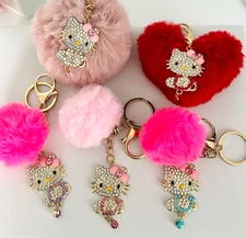 Cartoon Hello Kitty Bag Charm or Keychain in Rhinestones & a Puffy Ball or Heart