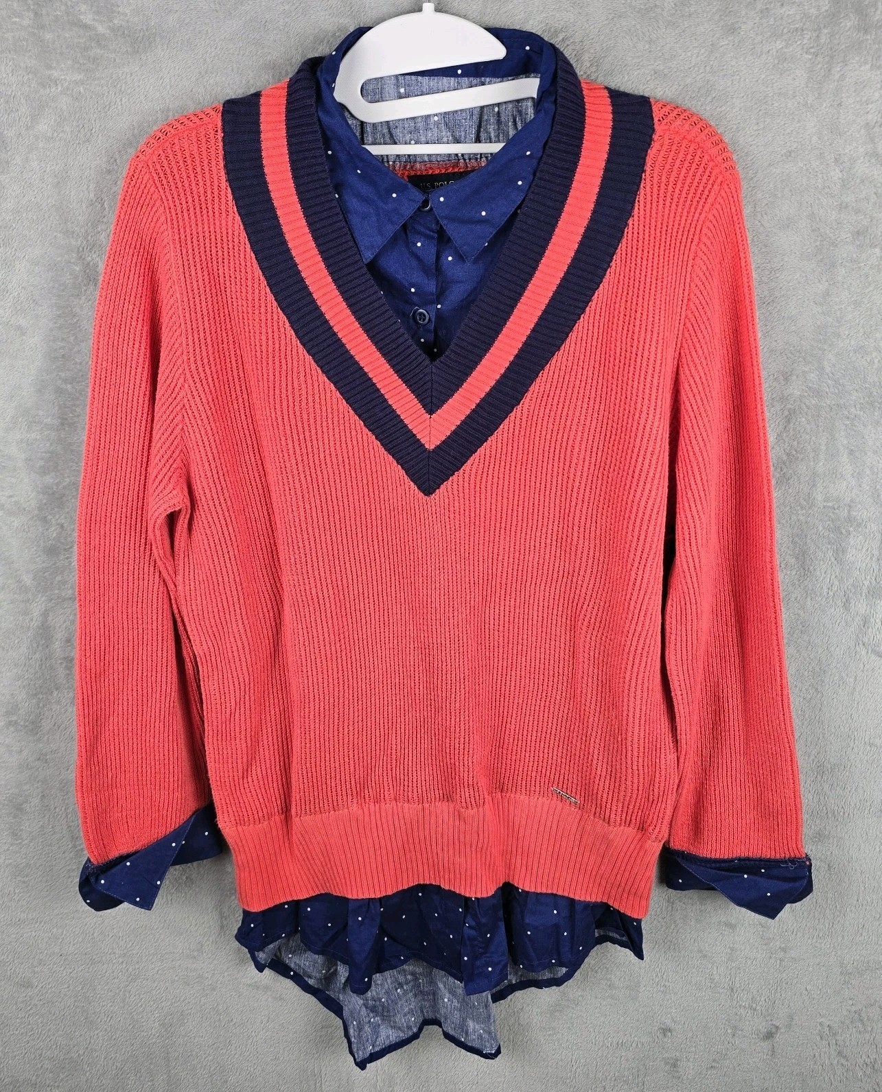 Us Polo Assn Superior Quality Woven Polka Dot Shirt Combination Red Sweater XL