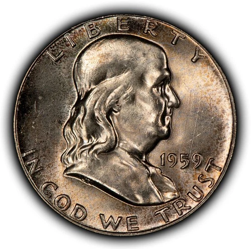 1959 50c Franklin Silver Half Dollar - Speckled Rainbow Toning - BU - SKU-H3826
