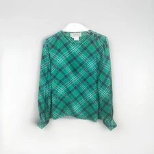 Carlisle Women Blouse Size 8 Vintage 100% Silk Green Plaid Blouse Long Sleeves
