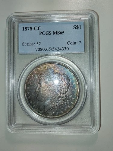 1878-CC PCGS MS65 Morgan Dollar Toned, Old Blue Holder.