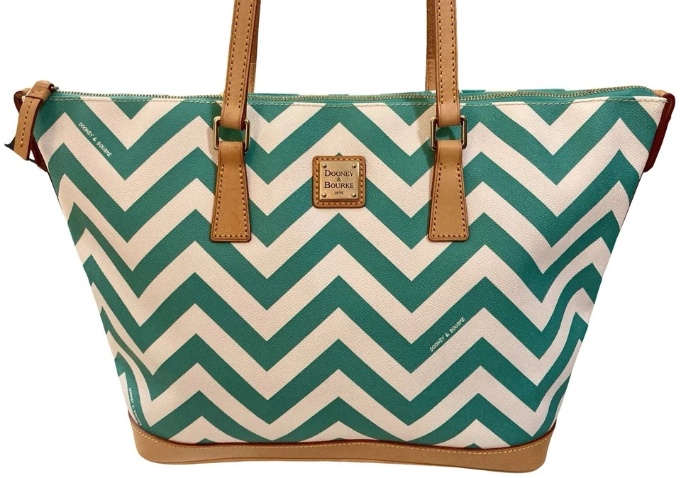 Dooney Bourke Turquoise White Chevron Coated & Vacchetta Leather Large Tote Bag - Image 3 of 4