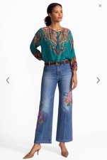 Johnny Was Fabiana Wide Leg Jeans Medium Wash Paisley Embroidery Size 27 NWT