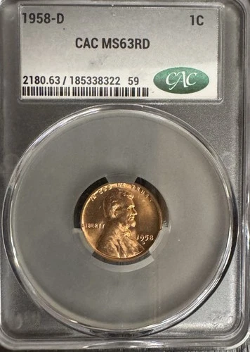 1958 D CAC MS63 RD RED - Lincoln Wheat Penny Cent 1c US Coin