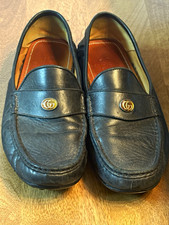 Gucci Men s Black Leather Slip-On Logo Dress Loafers Round Toe US 9
