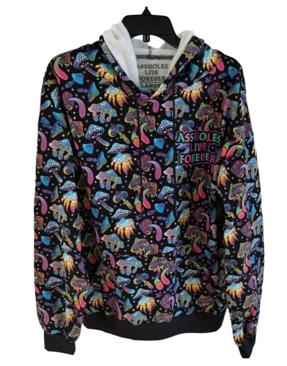 Assholes*s Live Forever Hoodie Mens L Black Blue Mushroom Trip