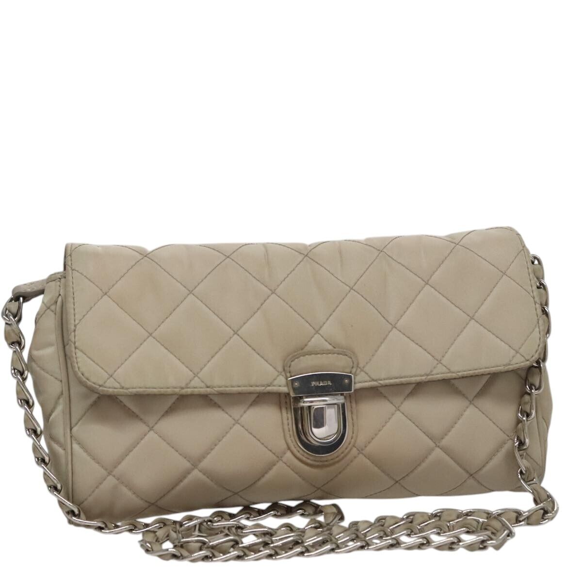【PRADA】QUILTED CHAIN SHOULDER BAG PRADA Quilted Chain Shoulder Bag Nylon Beige Silver Auth