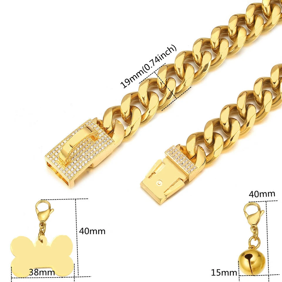 Collar de cadena para perro enchapado en oro 15/19 mm collar de cadena de eslabones cubanos bling collar para mascotas Foto 3 de 4