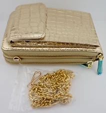 Womens Wallet Clutch, Crossover Secure Storage & Removeable Chain Crocodile Gold