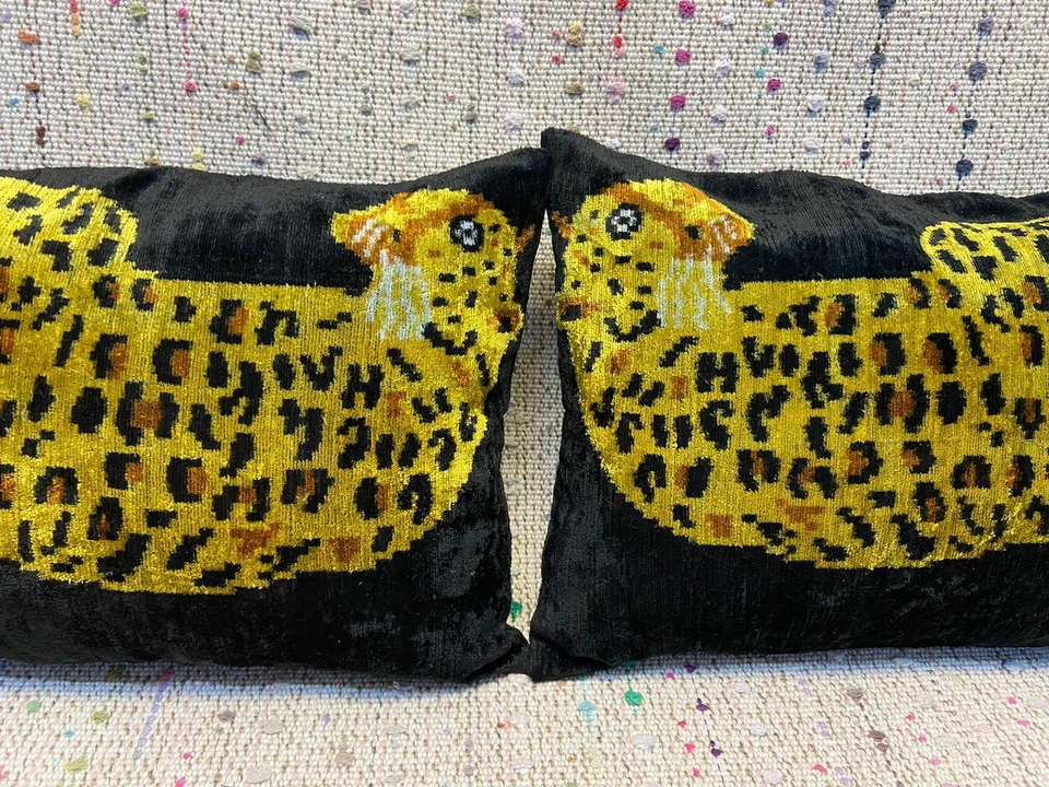 Set of Two Tiger Ikat Velvet Pillow, Pair Silk Lumbar Cushion Cover ,yellow anim - Image 2 of 4