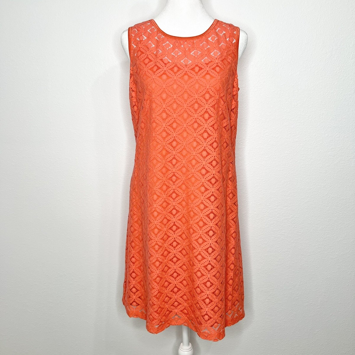 CYNTHIA Cynthia Rowley Coral Lace Sleeveless Shift Dress Sundress Sz M