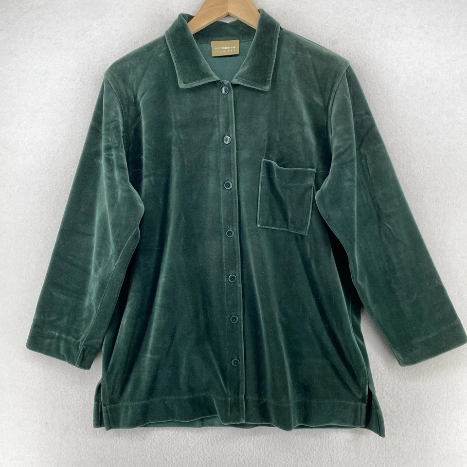 LIZ CLAIBORNE Shirt L Velour Button Up 3/4 Sleeve Tunic Collared Green - Изображение 3 из 4