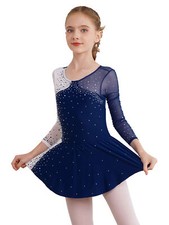 DE Mädchen Eiskunstlauf Glitzer Eislaufkleid mit Strass Langarm Ballettkleid