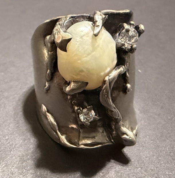Handcrafted Sterling Silver  Statement Cocktail Ring Cream Round 7