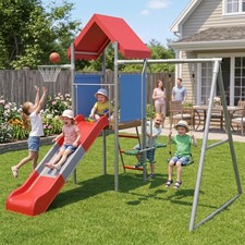 Metal Swing Set for Backyard, 5-in-1 Outdoor Playset with Slide and Climbing