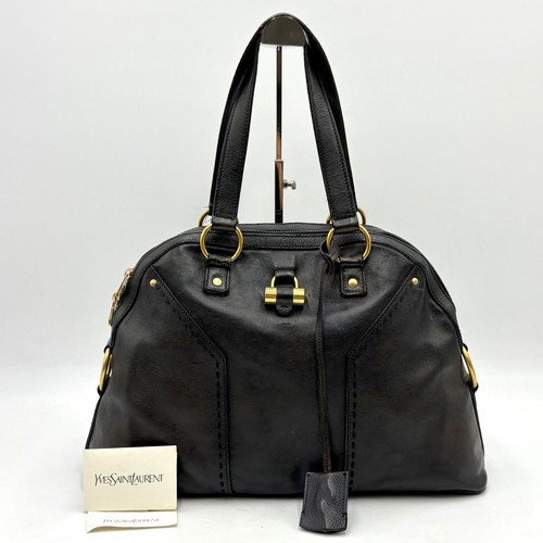 Yves Saint Laurent Muse Leather Tote Shoulder Bag Black Gold Tone 156464 Auth