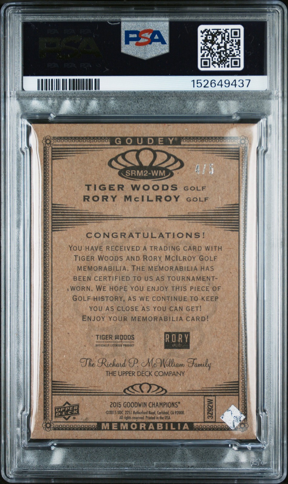 2015 PREMIUM SERIES #WM RORY MCILROY/TIGER WOODS 4/5 PSA 8 view 2