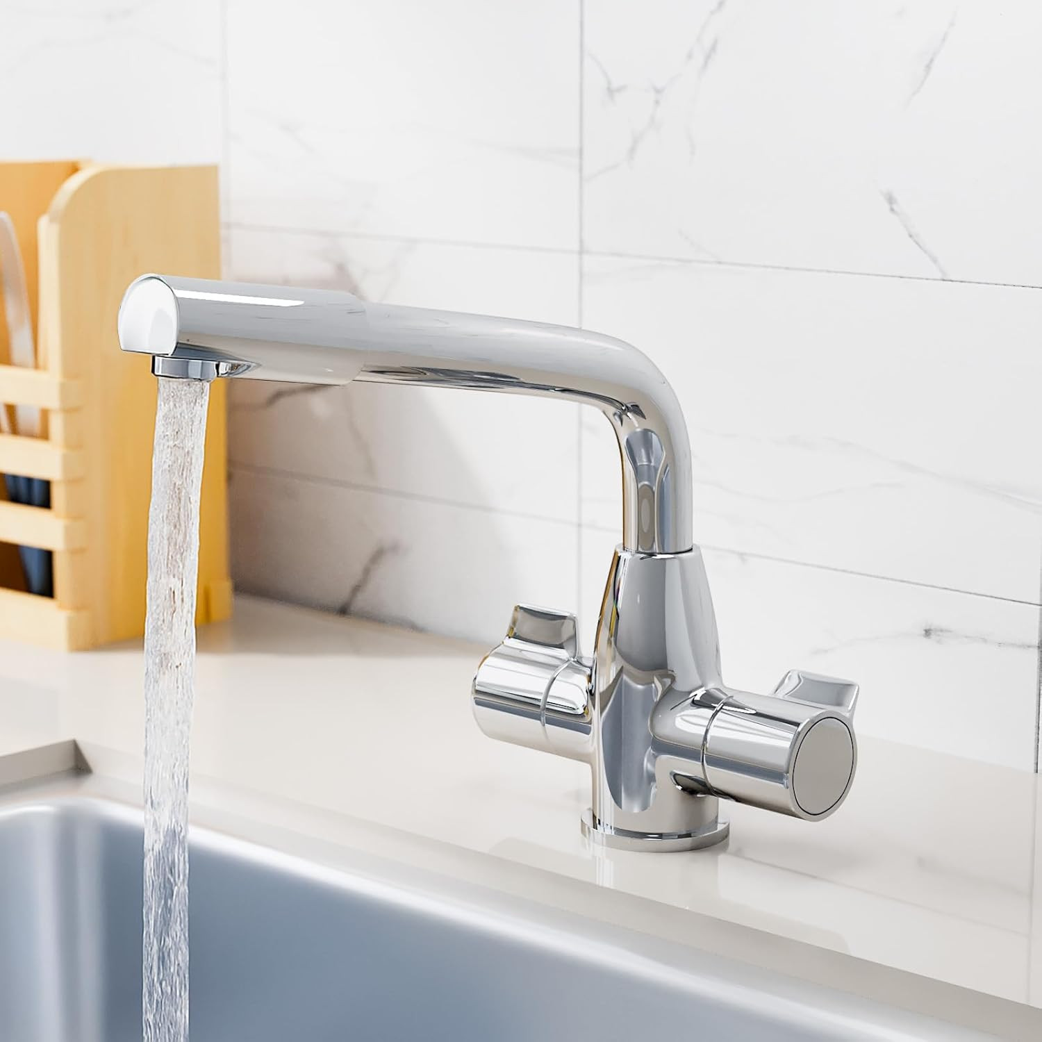 Kitchen Sink Mixer Tap Swivel Spout Twin Handles Durable Monobloc