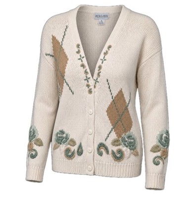 Peck & Peck Hand Knit Cardigan Sweater Women's Size M Cream Floral Embroidered 