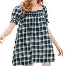 AE Blue Plaid Smocked Puff-Sleeve Babydoll Cottagecore Preppy Mini Dress M