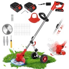 2 Battery 21V Cordless Strimmer Grass Trimmer Electric Lawn Garden Weed + Wheels