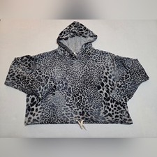 Elan Womens Gray Leopard Print Long Cropped Drawstring Hoodie GUC Size S