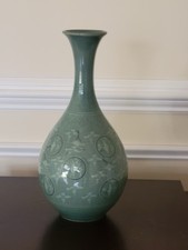 Vintage Korean Celadon Crane Crackle Glaze Pe...