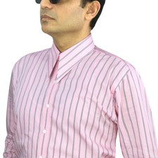 Men's Spear Point Dagger Collar 1930's Goodfellas Style Pink Awning Stripe Shirt