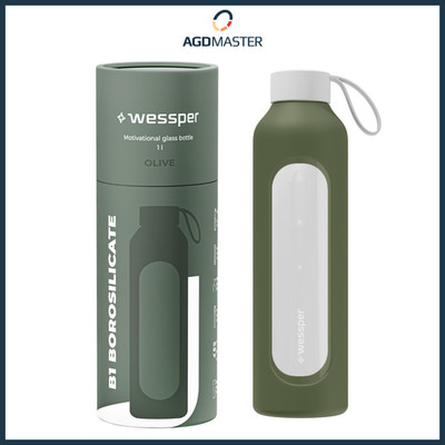 Trinkflasche 1L Glas Wessper B1 BOROSILICATE Olive mit Silikonetui BPA-frei