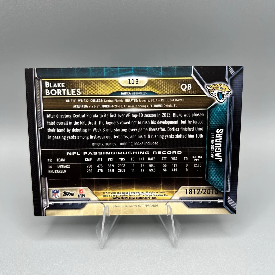 2015 Topps Football #113 Blake Bortles Gold /2015 Jacksonville Jaguars - Image 2 of 2