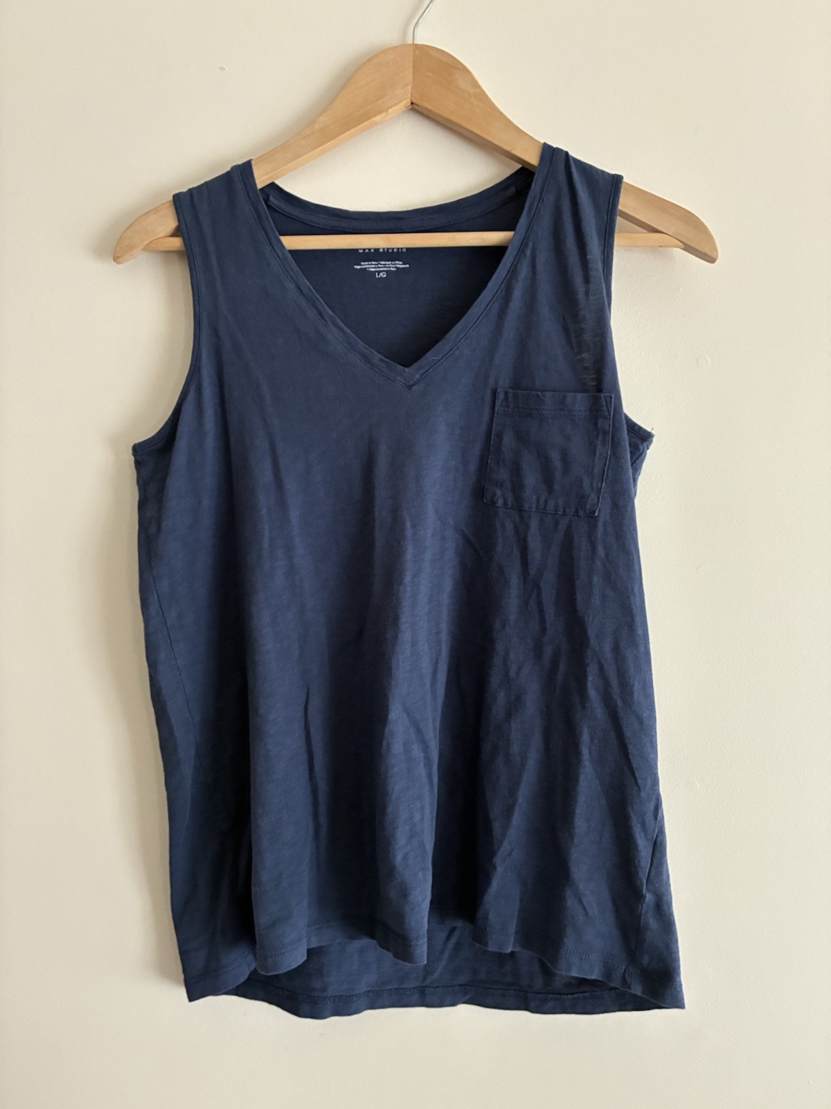 Max Studio Women's Solid Navy Sheer 100% Pima Cotton Pocket V-Neck Tank Top L