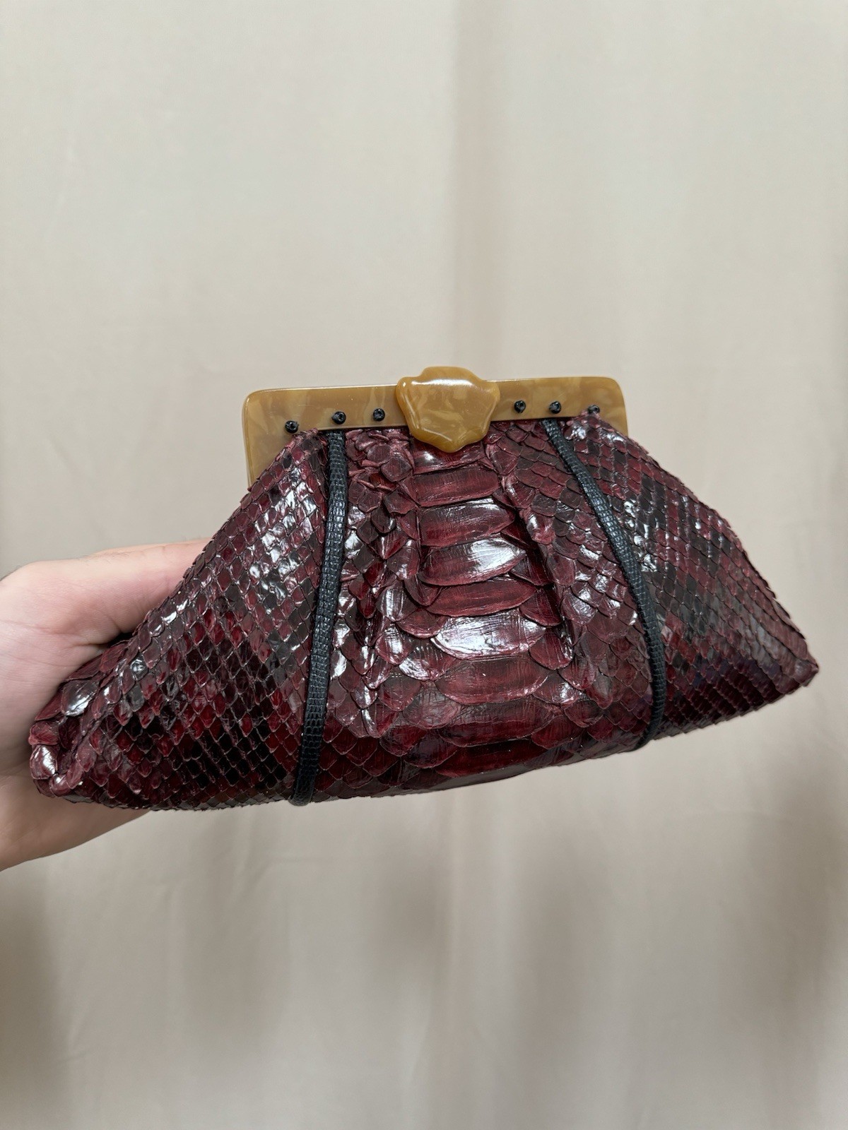 Vintage Handmade Python Snakeskin Bag Burgundy wi… - image 1